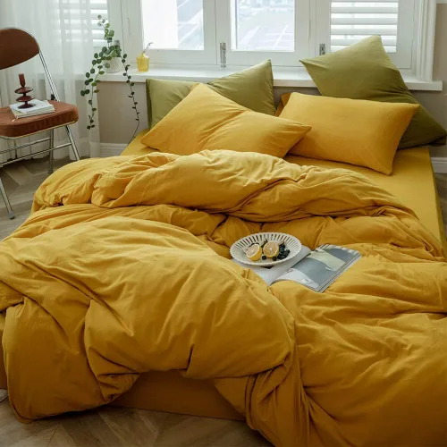 VM VOUGEMARKET - Juego de funda de edredón de algodón de punto jersey de tamaño queen, juego de ropa de cama de algodón de color amarillo, Jersey-oro