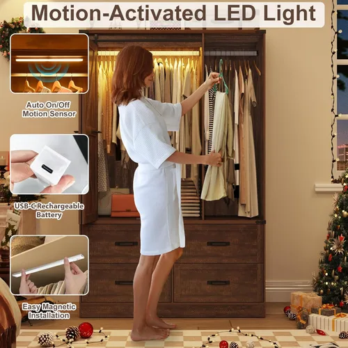 Miniatura 4 de Armario rústico de 3 puertas con puerta corrediza plegable de granero y luces, armario LED con cajones para dormitorio, armario de madera Marrón