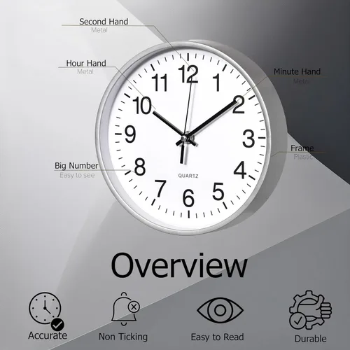 Miniatura 4 de Clockswise Reloj analógico plateado de 8 pulgadas, silencioso, sin tictac para pared, escritorio de oficina, mesa y estante, funciona