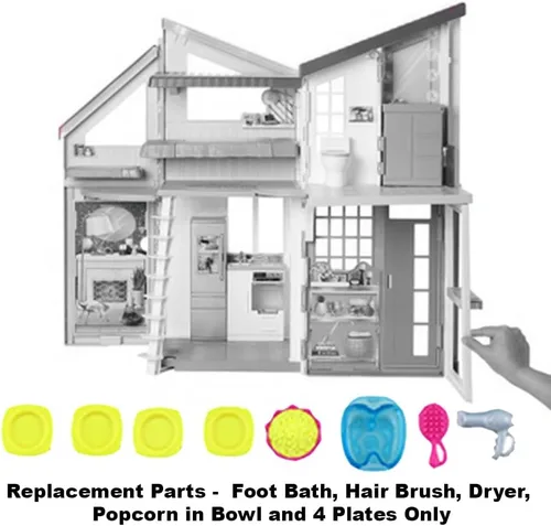 Miniatura 2 de Mattel Baño de pies de repuesto tamaño Barbie, cepillo y secador de pelo, palomitas de maíz en tazón y 4 platos para juego de casa de muñecas Barbie