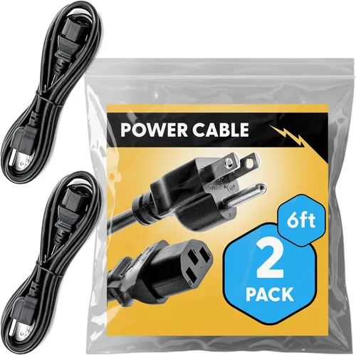 Cable de alimentación universal de 6 pies aprobado por UL (paquete de 2) - Cable de monitor de computadora IEC C13 a NEMA 5-15P para departamentos