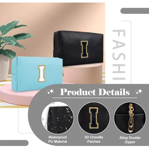 Miniatura 3 de Bolsa de maquillaje personalizada con inicial A-Z, bolsa de cosméticos pequeña de PU con parche preppy y letra de chenilla con cierre para niñas