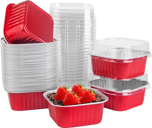 Miniatura 13 de 50 Pcs Mini Square Baking Cups with Lids,5oz Aluminum Foil Mini Cake Pans with Lids,Disposable Ramekins Cake Pans,150ml Dessert Cups Cupcake Pans