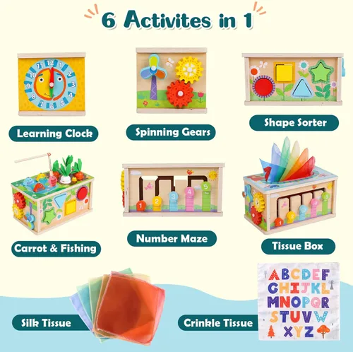 Miniatura 9 de Ancaixin Cubo de Actividad de 6 en 1 de Caja de Tejidos Montessori para Bebés de 6+ Meses, Cubo de Actividad de Madera, Rompecabezas para 12-18