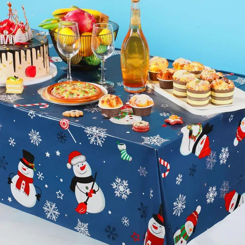 Miniatura 6 de Irenare 1 pieza de mantel de Navidad con muñeco de nieve de invierno, cubierta de mesa de muñeco de nieve de plástico desechable con copo de nieve