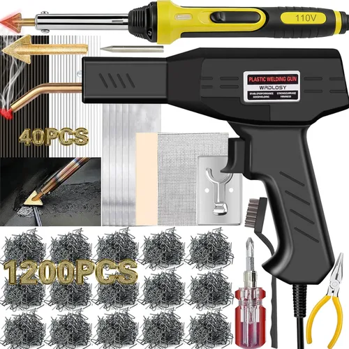 Soldador de plástico de 220 W, 1200 grapas, 40 varillas de soldadura, kit de soldadura 5 en 1, cinta de papel de lija, soporte de malla de alambre,