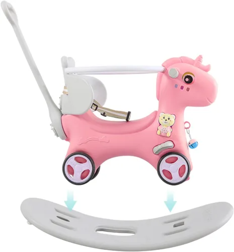 Miniatura 7 de Caballo mecedor 4 en 1 para niños pequeños de 1.5 a 3 años, juguetes de paseo en bicicleta de equilibrio con asa de empuje, respaldo de juguete Rosa