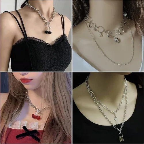 Miniatura 4 de Juego de 8 collares de cadena en tono plateado y dorado para mujeres, adolescentes y niñas y niños, collar colgante en capas con diseño multicolor