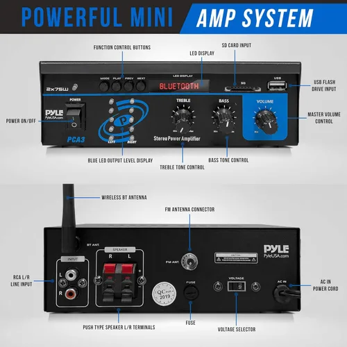 Miniatura 2 de Pyle - Sistema de amplificador de potencia de audio Bluetooth casero - Caja receptora de sonido estéreo mini de doble canal 2X75W con LED - Para