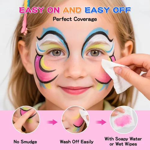 Miniatura 4 de Kit de pintura facial para niños y adultos, 12 x 10 gm, paleta de pintura facial con 9 brillos, 2 palitos de sombra de ojos, 2 esponjas y 6