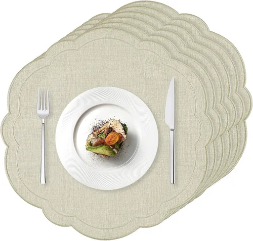 Juego de 6 manteles individuales de lino de algodón beige de 15 pulgadas, manteles individuales festoneados bordados florales puros, manteles