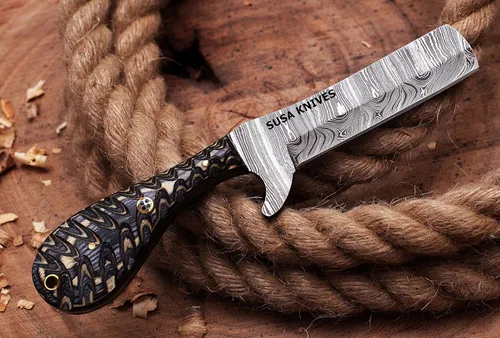 Miniatura 3 de Cuchillo Cortador de Toro de Acero Damasco Hecho a Mano, Cuchillo de Hoja Fija Vaquero, Mango de Madera, Cuchillo EDC Funda de Cuero PANCAKE Regalo
