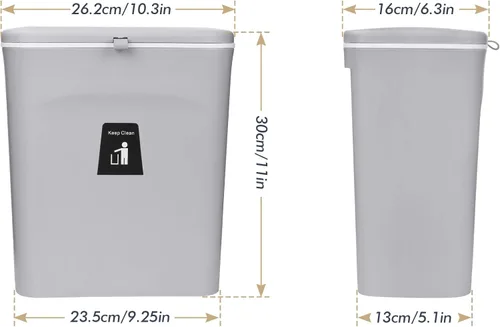 Miniatura 5 de Domiella Cubo de basura colgante de 2.4 galones con tapa, cubo de basura de cocina para encimera o debajo del fregadero, contenedor de basura Gris
