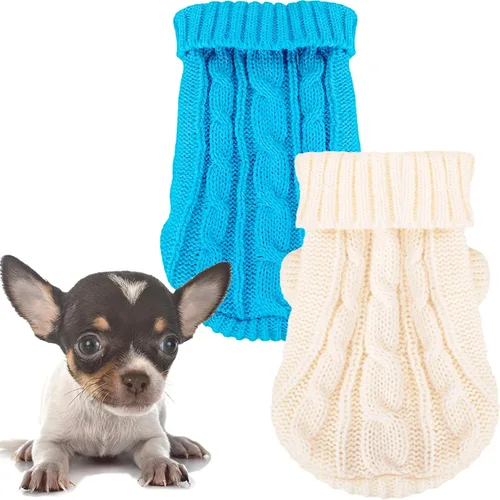 Miniatura 7 de 2 piezas de suéteres para perros con cuello alto de punto, suéter para Chihuahua y Yorkie, ropa para perros pequeños, trajes cálidos de invierno
