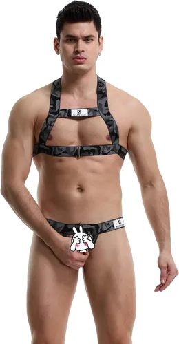 Miniatura 2 de Swbreety Arnés para hombre, camiseta sin mangas de camuflaje para el pecho, correa para el pecho, disfraces, camiseta muscular y tanga con anillo