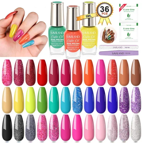 Miniatura 18 de SAVILAND Juego de esmaltes de uñas: kit regular de esmalte de uñas de secado rápido, color burdeos, rojo oscuro, morado, verde, con base de aceite