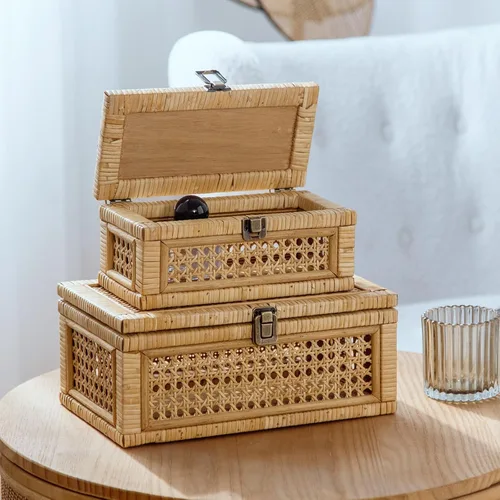 Miniatura 11 de Caja decorativa de bambú natural con tapas, juego de 2 cajas decorativas únicas, caja de recuerdos de boda bohemia, caja de memoria con tapa