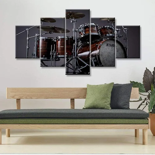 Miniatura 11 de Arte de pared en blanco y negro, kit de batería de jazz morado sobre fondo negro, pinturas de 5 paneles, lienzo, arte de pared para decoración