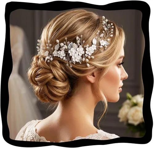 Unicra Tocado de novia con perlas de vid y flores, piezas de pelo de boda, accesorios de cabello de graduación plateadas para novias y mujeres (12.5