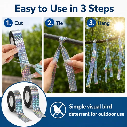 Miniatura 5 de RAINFLOW Cinta reflectante para asustar pájaros, 2 rollos de cinta reflectante de 300 pies para exteriores, cinta brillante de doble cara
