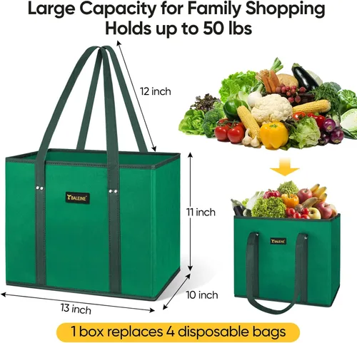 Miniatura 2 de BALEINE Paquete de 3 bolsas reutilizables para comestibles, bolsas de compras plegables para comestibles con parte inferior reforzada y asas (verde)