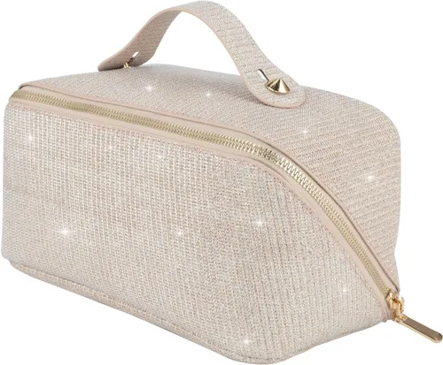 KEYPOWER Bolsa de cosméticos de lentejuelas con purpurina de gran capacidad, bolsa de maquillaje de viaje, bolsa de aseo portátil brillante y