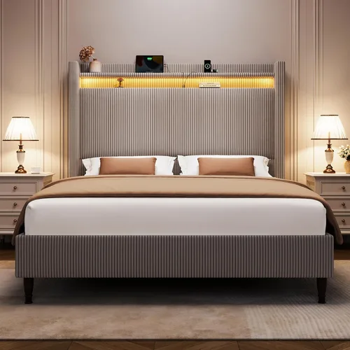 Miniatura 20 de Base de cama tamaño King con cabecera alta, base de cama tapizada con estación de carga y luces LED, moderna cabecera de almacenamiento con respaldo