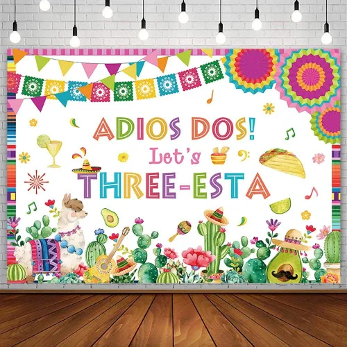 AIBIIN Telón de fondo mexicano de tercer cumpleaños de 7 x 5 pies para niños, decoración de fiesta de Let's Three-Esta, cactus floral, alpaca,