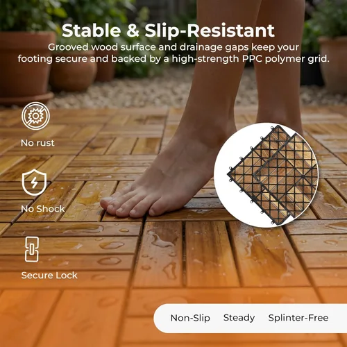 Miniatura 5 de Majestick Goods Azulejos entrelazados de madera de acacia, fácil instalación para suelos de patio y pasarelas con drenaje de base elevada, 12 x 12 x