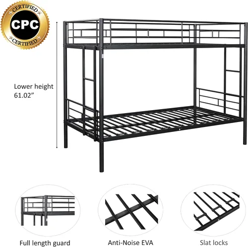 Miniatura 7 de Litera de Metal Individual sobre Individual con Cama Nido de Servicio Pesado Marco de Literas de Metal Tamaño Individual con 2 Escaleras Laterales