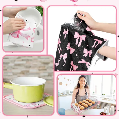 Miniatura 6 de Fourluoo Juego de 10 piezas de decoración de cocina con lazo rosa, 4 paños de cocina a cuadros rosados, 2 soportes para ollas, 2 guantes de horno, 2