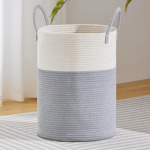 Miniatura 38 de VIPOSCO Cesta de lavandería grande, cesta de almacenamiento de cuerda tejida alta para mantas, juguetes, ropa sucia en la sala de estar, baño, Rayas