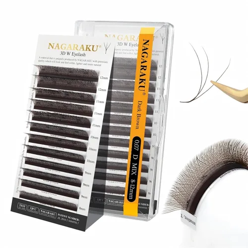 Miniatura 202 de NAGARAKU Extensiones de pestañas Double Tips 4D W, suministros con puntas dobles, gruesas con rizado D de 0.07 mm, bandeja mixta 8-15 mm, 0.07-D