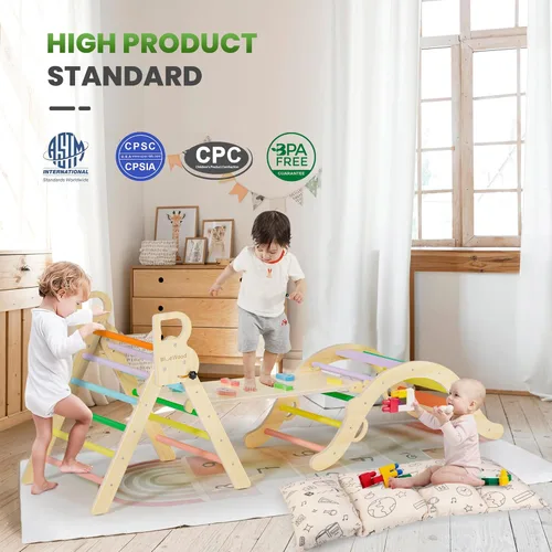 Miniatura 8 de BlueWood Set de Triángulo Pikler con Cojín, Juguetes de Escalada 8-en-1 para Niños Pequeños, Gimnasio de Juegos con Filosofía Montessori con Arco