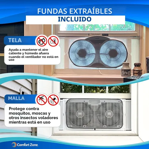 Miniatura 4 de Comfort Zone Ventilador de ventana para dormitorio, ventiladores duales de 9 pulgadas y 3 velocidades con expansores de bloqueo automático