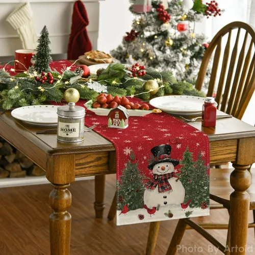 Miniatura 2 de Artoid Mode Camino de mesa con diseño de muñeco de nieve y pájaros de Navidad, decoración de mesa de comedor para interiores y exteriores
