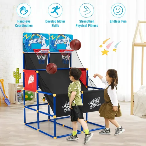 Miniatura 8 de Goplus Juego de baloncesto para niños, juego de baloncesto de doble disparo para 2 jugadores con 4 bolas y bomba de inflado, juego deportivo