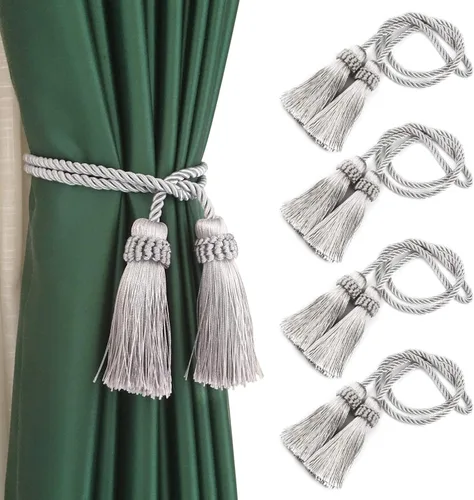 Alzapaños de cortina decorativos hechos a mano con borla (plata, 4P)