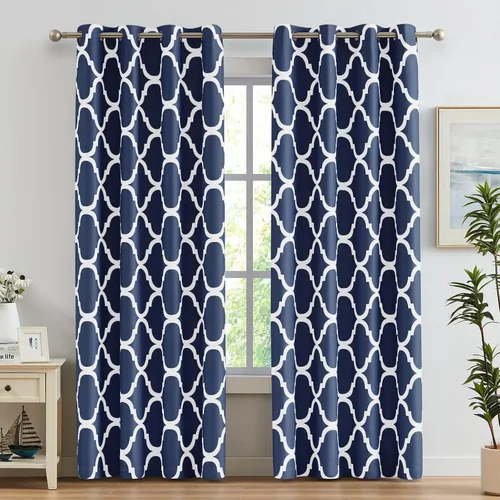 Miniatura 12 de Melodieux - Cortinas opacas estilo marroquí con aislamiento térmico y ojales para oscurecer sala de estar, 2 paneles. Blanco hueso/verde azulado