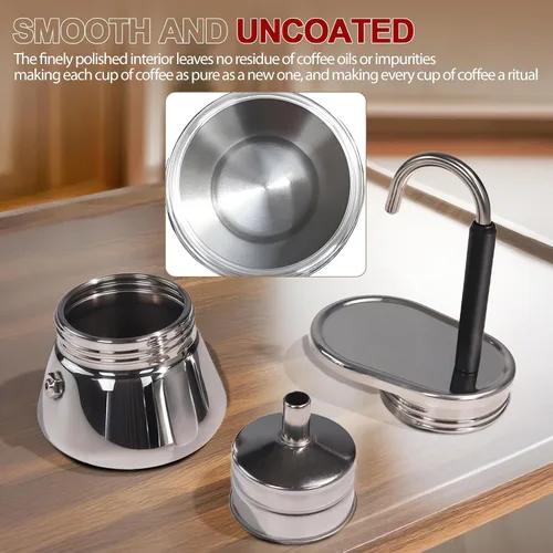 Miniatura 3 de Cafetera Moka de 1 Taza, Tubo Simple, sin Recubrimiento, de Acero Inoxidable Grueso 304, Mini Cafetera de Espresso para Estufa, Estilo Clásico