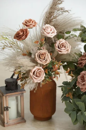 Miniatura 5 de rongflower Flores artificiales de aspecto real, color rosa polvoriento, rosas falsas de espuma con tallos, 25 piezas para bricolaje, bodas, Rosa
