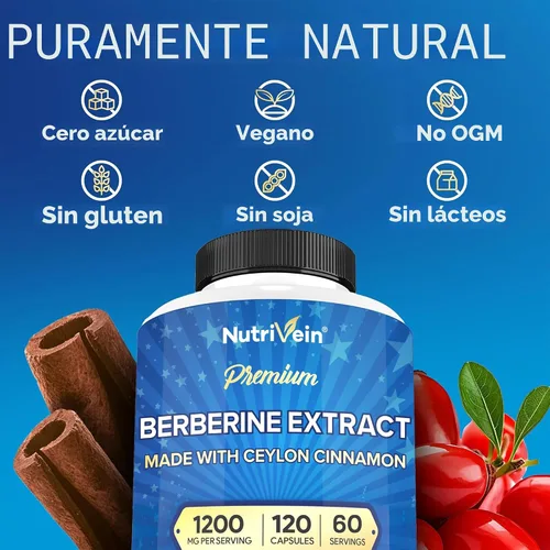 Miniatura 6 de Nutrivein Berberina Premium 1200 mg con Canela de Ceilán - 120 Cápsulas: Suplemento de berberina de alta absorción para defensas, digestión