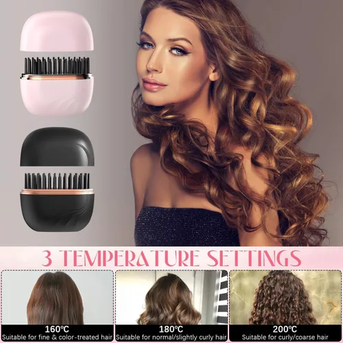 Miniatura 3 de Mini cepillo alisador de pelo, recargable inalámbrico, control de temperatura de 3 velocidades, portátil para el hogar y viajes, negro (negro)