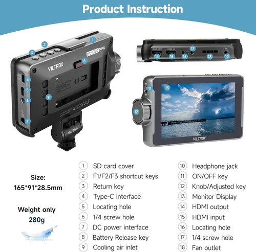 Miniatura 7 de VILTROX DC-550 – Monitor de campo para cámara DSLR de 1200 nits, kit de monitor de video externo portátil con pantalla táctil de 4K 1920x1080