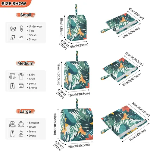 Miniatura 3 de Tropical Style Green Leaves Flower 3 Set Packing Travel Bags Waterproof Storage Bags For Closets Saver Travel Bags Organizers For Bedroom
