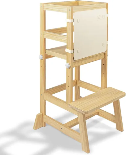 Miniatura 8 de Taburete de cocina WOOD CITY, taburete de cocina para niños pequeños con baranda de seguridad, altura ajustable, torre de aprendizaje para niños