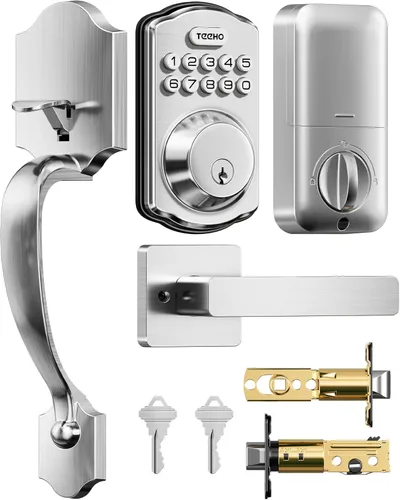 TEEHO TK001H - Cerradura de puerta de entrada sin llave con asa, cerradura electrónica con teclado con código, cerraduras inteligentes para puerta