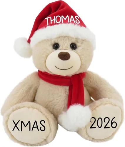 Oso de Navidad Personalizado 2025 – Osito de Peluche Beige Personalizado de 8.5 pulgadas con Sombrero y Bufanda – Lindo Oso Navideño con Tu Nombre y