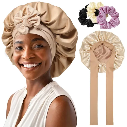 Miniatura 8 de Gorro de satén para mujer, con banda de amarre para el cabello, para dormir, grande de 2 capas, gorro de dormir de seda para dormir con 3 coleteros