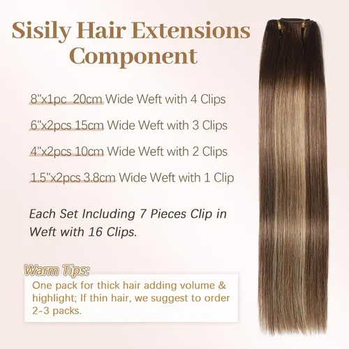 Miniatura 2 de Sisily - Extensiones de cabello con clip de cabello humano real, 30 cm 70 g, balayage de marrón chocolate a rubio, 100% cabello humano Remy